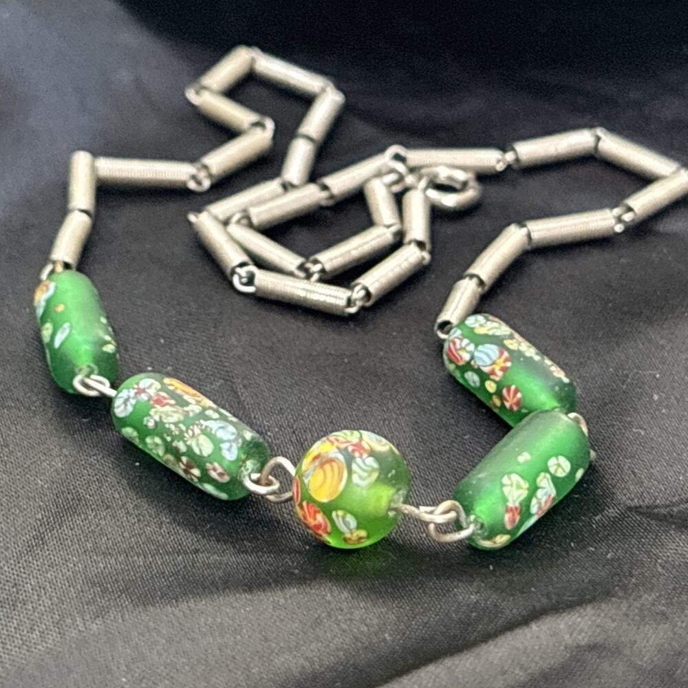 Vintage Murano Venetian Millefiori Green Glass Bead Necklace 16¼” Long
